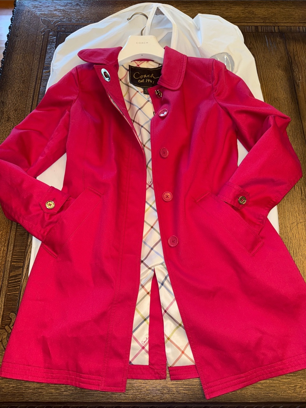 Coach Women's Hot Pink Trench Coat with Plaid Lining